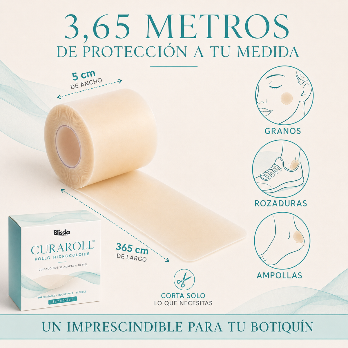 CURAROLL™ – (2 Unidades) Rollo Hidrocoloide Recortable para Granos, Espinillas, Rozaduras, Ampollas y Piel Superficial Irritada